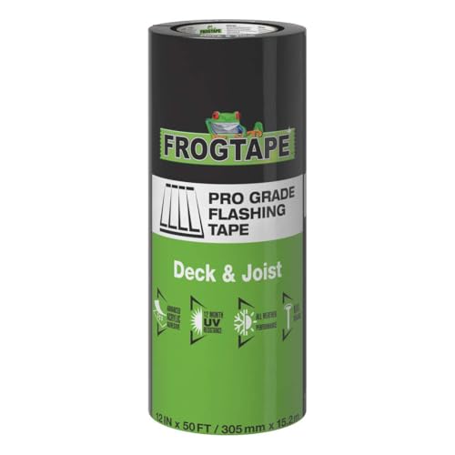 FrogTape Pro Grade Deck and Joist Flashing Tape - 12 Inch Width 12 in. x 50 ft - All Weather & UV Resistant Linerless Tape for Decking, Wood, Beams with Advanced Acrylic Adhesive - 13 mils - Black