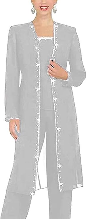 3 Piece Chiffon Beaded Pant Suits Mother of The Bride Pant Suits with Long Jacket for Women Formal