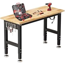 TLGREEN 48" Adjustable Workbench | Solid Rubberwood Top | 2000lbs Heavy-Duty Work Table | Pegboard, Hooks & Power Outlets | Garage, Workshop, Office