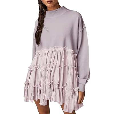 Womens Sweatshirt Dress Long Sleeve Patchwork Crewneck Pullover Tops Oversized Casual Pleated Mini Dresses Tunics