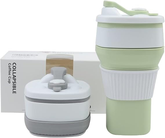 Collapsible Travel Coffee Cups Set of 2 - Silicone Foldable Mugs with Leakproof Lids, BPA Free, Microwave and Dishwasher Safe - 10oz (300ml) for Travel, Office, Camping