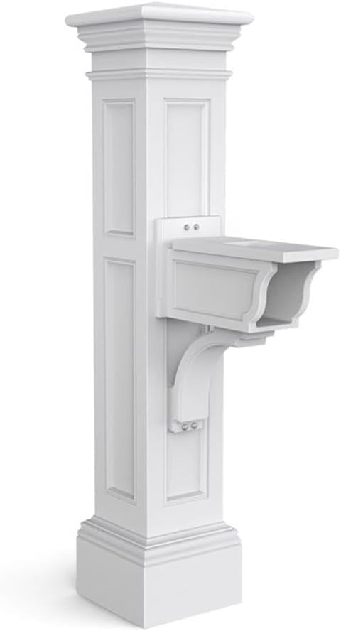 Pemberly Row Weatherproof Plastic Mail Post, Traditional Design, White Finish, 64" H x 14" W x 31" D, UV-Resistant Polyethylene, Includes Hardware, Decorative Sleeve, Newspaper Holder