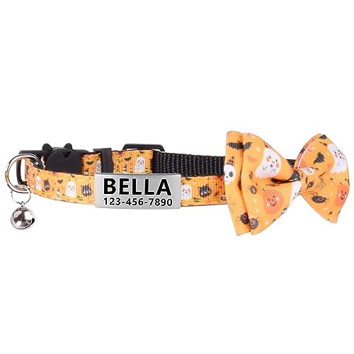 La Reine Personalized Cat Collar, Breakaway Halloween Kitten Collar with Cute Bow Tie & Bell, Stainless Steel Slide-on Pet ID Tag Engraved with Name & Phone Numbers Pumpkin Ghosts