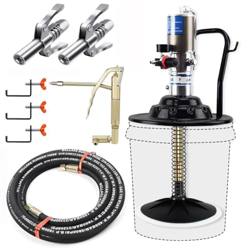 Air-Operated 60:1 Grease Pump with Grease Gun 2 Couplers, Grease Pump for 5 Gallon Bucket with 13ft High-Pressure Hose, Drum Cover, Follower Plate, Z-Swivel, Control Valve