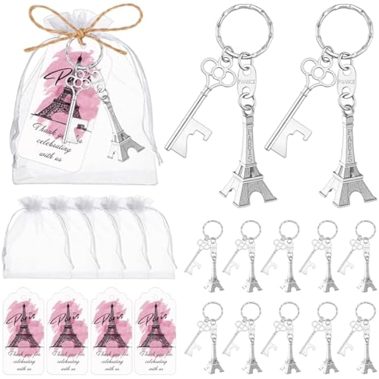 50 Sets Eiffel Tower Bottle Opener Keychains, Frech Themed Paris Party Favors for Guests with Thank You Cards and Organza Bags