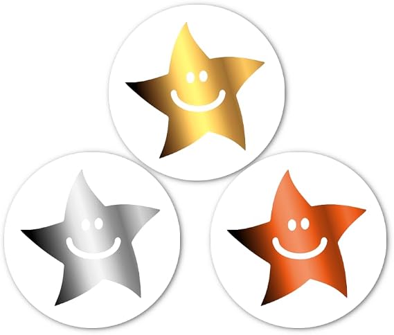 Mini reward smiley star stickers in gold, silver and bronze. 540 x 10mm stickers per pack. 180 of each colour.