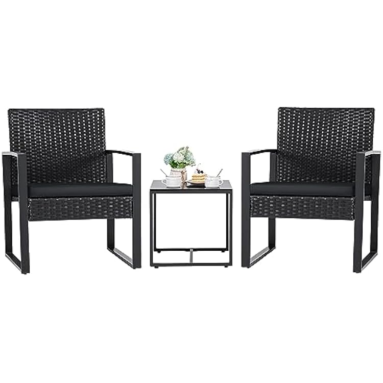 Flamaker 3 Pieces Outdoor Patio Wicker Furniture Set, Modern Rattan Chair Conversation Sets with Coffee Table for Yard and Bistro Black