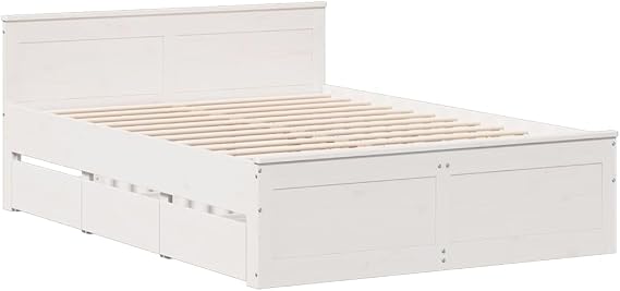 vidaXL Solid Wood Bed with Headboard, Wooden Bed with Bed Feet, Drawers, Slatted Frame, Double Bed for Bedroom, Bed Frame, White, 150 x 200 cm, Pine Wood