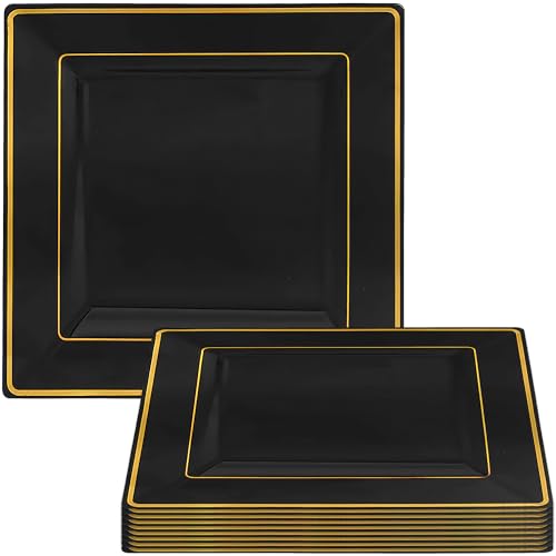 Elegant Black With Gold Edge Rim Square Dinner Plates - 9.5 Premium Plastic & Durable, Stylish Design Perfect For Special Events & Parties