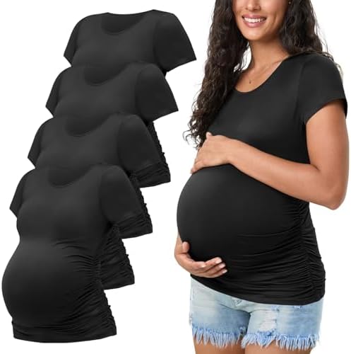 Happy.angel 4 Pack Womens Maternity Tops & T Shirts, Short Sleeve Pregnancy Clothes Stretchy Ruched Tunic Crew Neck Blouses