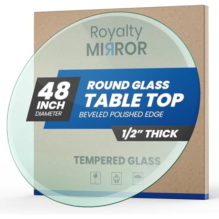 Royalty 48 Inch Round Tempered Glass Table Top Clear Table Top Glass Useful for Replacement, Tabletop Protector, Patio, Dining, Coffee, Desks - 12 Thick Beveled Edge