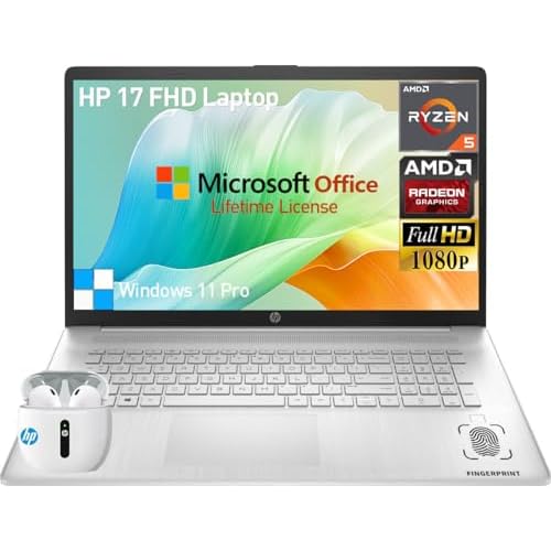 HP 17 Inch Laptop Computer, Lifetime Microsoft Office Included, 17.3 IPS FHD Business Laptop PC, AMD Ryzen 5 6-Cores, 16GB RAM 1TB SSD, Windows 11 Pro, Fingerprint Reader, Numeric Keypad HDMI Webcam