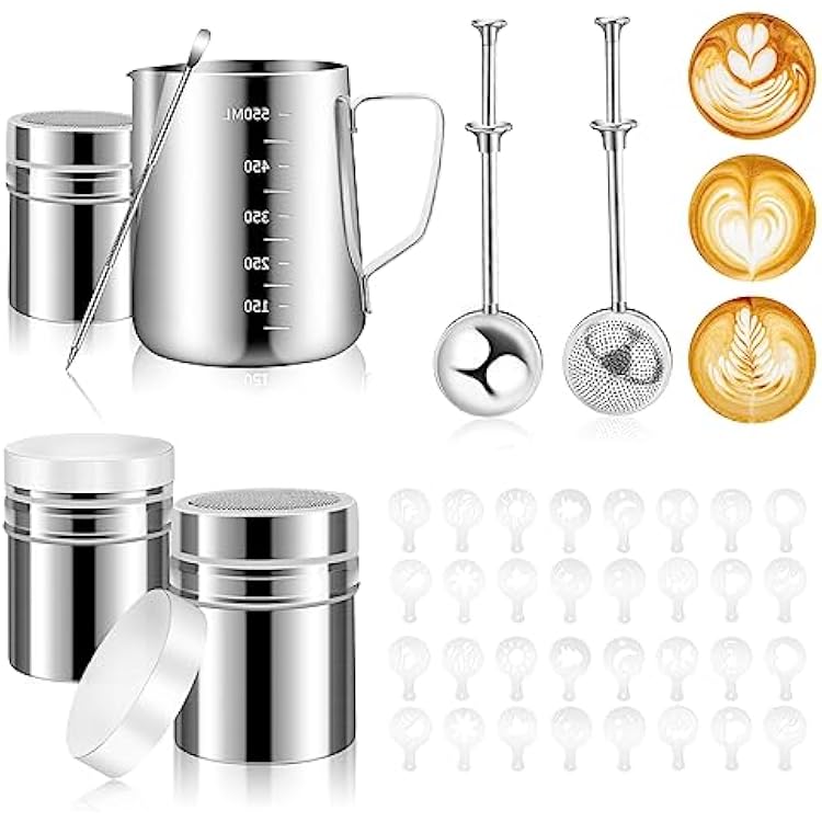 Milk Frothing Pitcher 20oz600ml with Powder Sugar Shaker Flour Duster Set Stainless Steel Steam Pitchers, Milk Jug Cup with Decorating Art Pen, Powder Shaker Powder Shaker Dust Flour Sifte