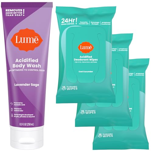 Lume Acidified Body Wash Lavender Sage and Acidified Deodorant Wipes Cool Cucumber - 24 Hour Odor Control - Removes Odor Better than Soap - Moisturizing Formula - Aluminum Free, Baking Soda Free