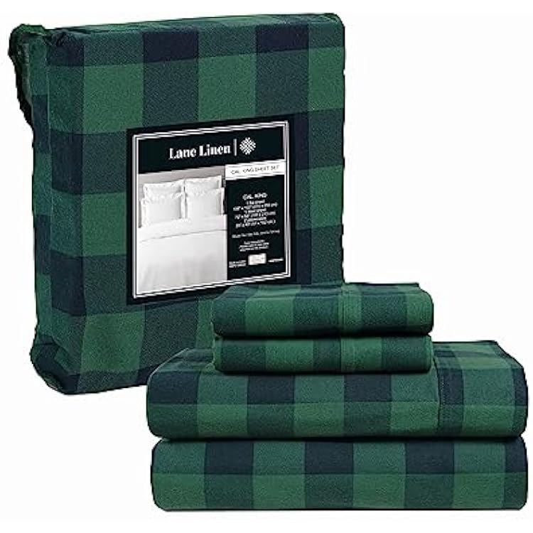 LANE LINEN Cotton Flannel Sheets Set Cal King Size - Brushed for Extra Softness - Cotton Flannel Cal King Size Sheets Set - Warm & Cozy Cotton Sheets with 15 Deep Pocket - Buffalo Checks Green