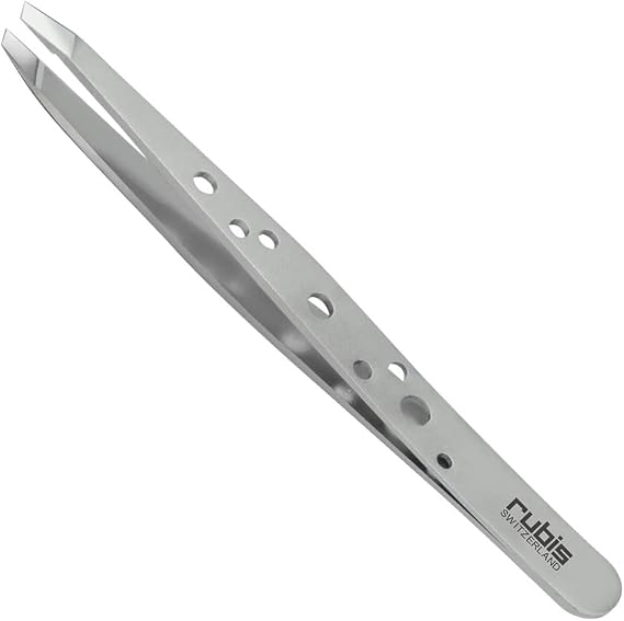 Rubis Hole Pattern Classic Stainless Steel Slanted Tweezers For Precise Eyebrows and Hair Removal, The Elegance Collection, 1K111,Silver,Rubis Switzerland Swiss Made World Renowned Precision