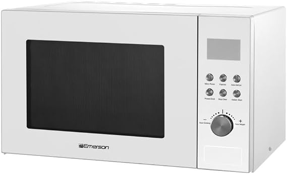 Emerson MW1101W Countertop Microwave Oven with Button Control, LED Display 1000W, 10 Power Levels, 6 Auto Menus, Glass Turntable and Child Safe Lock, 1.1 Cu. Ft., White