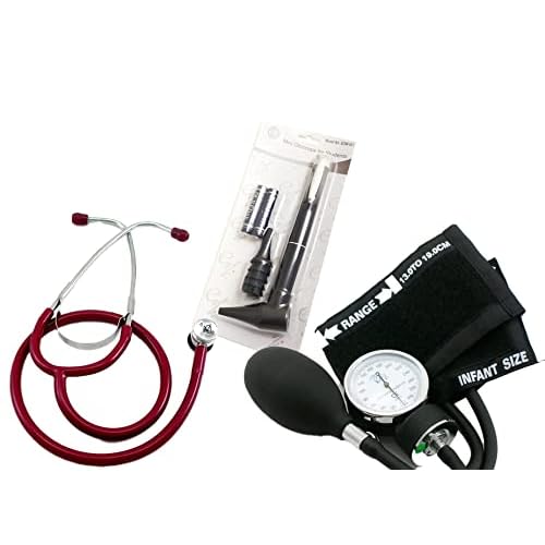3 Piece Infant Pediatric Blood Pressure Cuff and Basic Dual Head Stethoscope Set with a Basic Otoscope