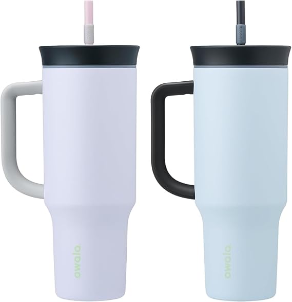 Owala 40oz Insulated Tumblers, Purple Bunny Hop & Blue Great Blue, Stainless Steel with Spill Resistant Lid & Straw