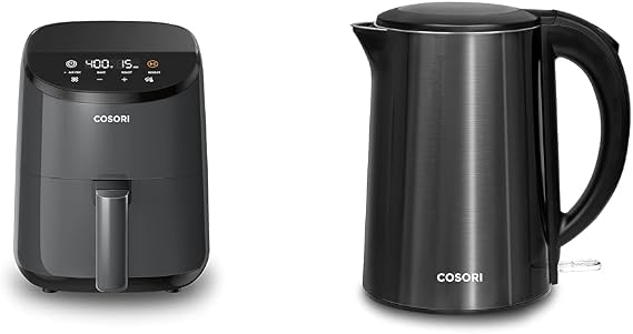 Cosori Mini Air Fryer 2.1 Qt, 4-in-1 Small Airfryer, Bake, Roast, Reheat & 1.5L 1500W Electric Kettle, Stainless Steel, Auto Shut-Off & Boil-Dry Protection, BPA Free