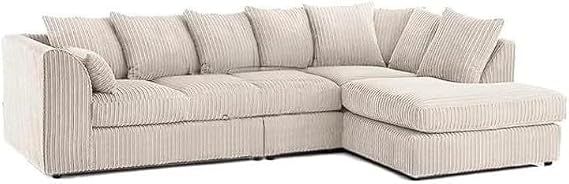 Modular 3+2 Settee Set - Elegant 4 To 5 Seater L Shape Left & Right Hand Corner Sofa - Comfy jumbo cord Scatter Back Sofas - Swivel Round Cuddle Chair for Living Room (Cream, RH 5 Seater)
