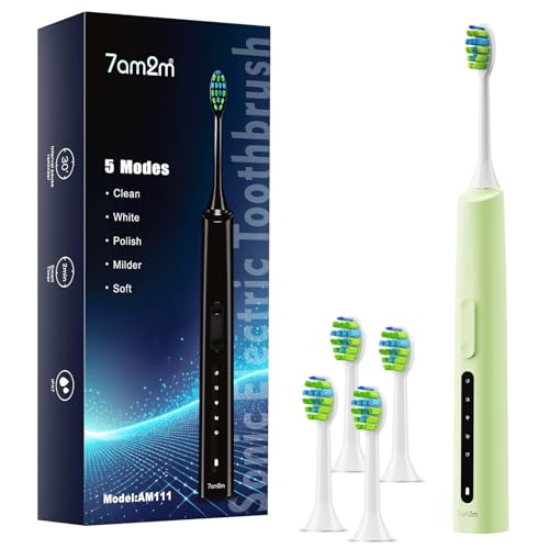 7AM2M Sonic Electric Toothbrush for Adults and Kids, 40000VPM Power Toothbrushes, Fast Rechargeable with 4 Brush Heads, 5 Modes, 2 Minutes Built in Smart Timer, One Charge for 60 Days Green