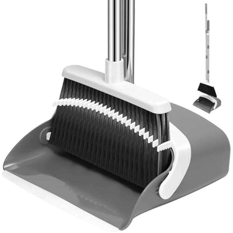 NACENA Broom and Dustpan Set, 52-in Long Adjustable Handle Broom Dustpan Combo with Dustpan Teeth to Automatically Clean Hair Suitable for Home Kitchen Office Hall FloorGrey&White