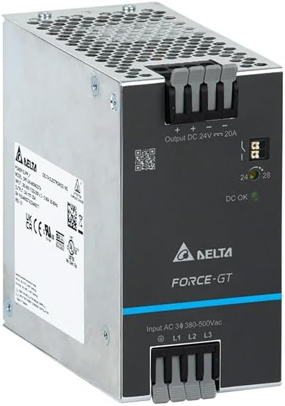Delta DRF-24V480W3GTA Force-GT DIN Rail Power Supply, 480W, 24V Output, 3-Phase Input, 20A, 5.01" x 2.56" x 4.88
