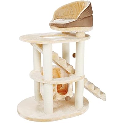TRIXIE Elsa Senior Cat Tower with Scratching Posts, Hammock, Stairs, Top Platform Bed, Dangling Pom-Pom Beige