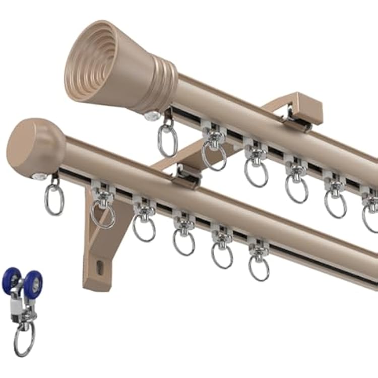 Double Row Curtain Track,Heavy Duty Ceiling Mounted Dual Track System with Silent Glide for Blackout Curtains Room Divider,Easy Install Kit for Living Room Bedroom champagne 2.3m7.5ft