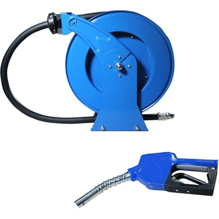 Fuel Hose Reel Retractable with Fueling Nozzle, 300 PSI Industrial Auto Swivel Heavy Duty Steel Construction Reel, Can be used for airplanes ships vehicle. 34 x 65FT Blue