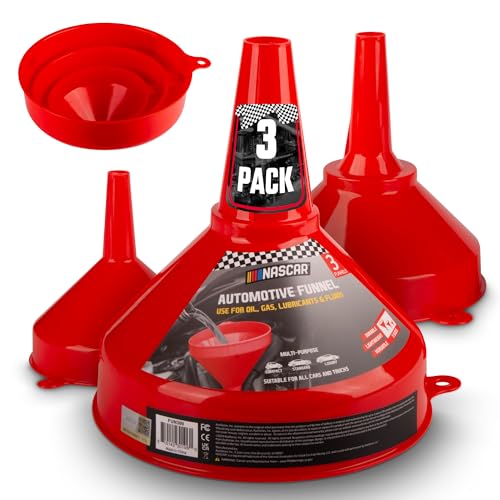 NASCAR Automotive Funnel Set Oil, Gas & Fluid Funnels for Cars & Trucks | Durable, Lightweight, Versatile | Includes 3 Sizes: Small, Medium, Large | Multi-Purpose Use for Oil Changes, Fuel, More