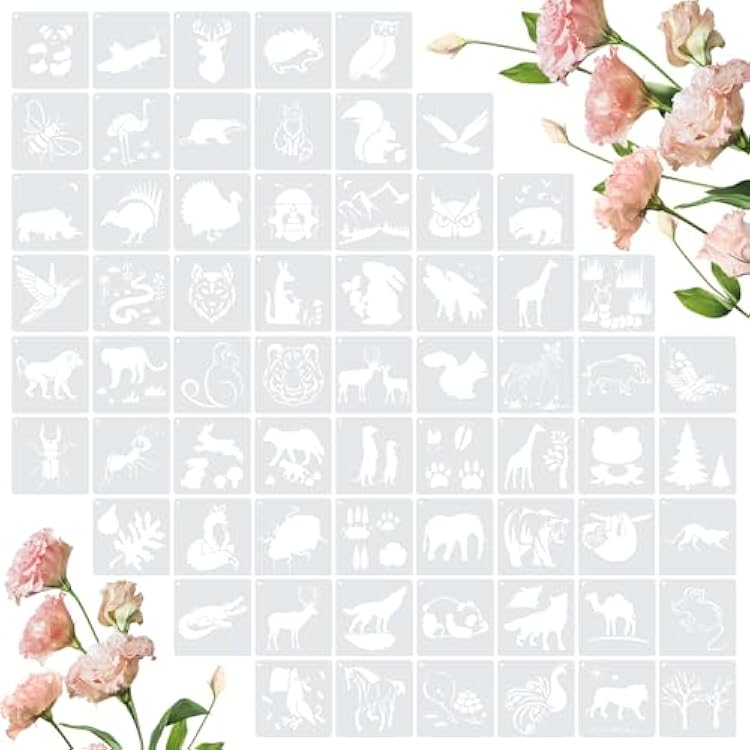 65 Pcs Painting Stencils, Animals Theme Drawing Templates Set for Crafts, Reusable DIY Art Stencil Sets for Wood, Walls, Cards, Fabrics, Rocks and Home Decoration, 4 x 4 Inch