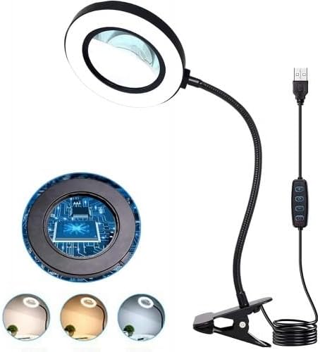 USB Büyüteçli LED Masa Lambası, 3 Renk Modu, Klipsli Tasarım, Esnek Boyun, Doğal Işık, Sıcak Işık, Soğuk Işık [Enerji Sınıfı A]