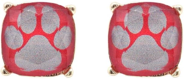 Animal Print Cushion Cut Stud Earrings - Tiger, Lion, Leopard, Zebra, Cow, Paws, For Women (Paw Print/Grey-Red, Base Metal)