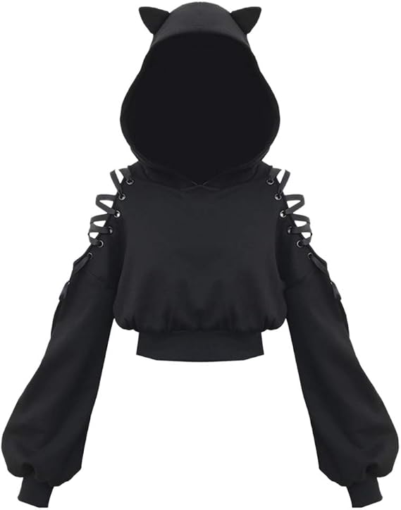 Women Cat Ear Hoodies Long Sleeve Off Shoulder Cute Crop Top Pullover Hoodie Sweatshirt