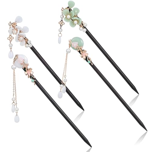 Chinese Hair Sticks Wooden Hair Chopsticks with Tassel 4 Piece Set Traditional Pins for Women Sticks for Buns Vintage Style Accessories