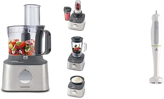 Kenwood Multipro Compact+ FDM312 SS, 5-in-1 Compact Food Processor, 800 W & Hand Blender, One Speed Mixer with Turbo, Triblend Wand, Anti-splash, 600 W, HDP100WG, White