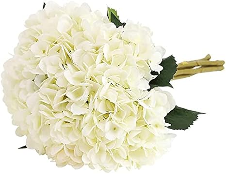 Tifuly 5Pcs Artificial White Hydrangea Fake Silk Flowers 18.5inch Long Stem