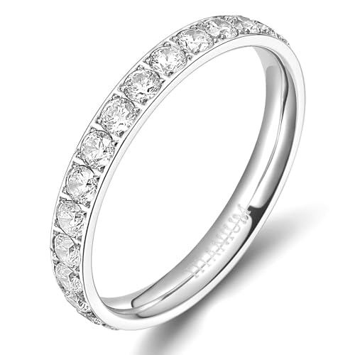 TIGRADE 3mm Women Titanium Engagement Ring Cubic Zirconia Eternity Wedding Band Size 3-13.5