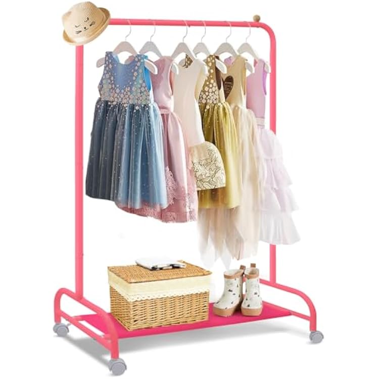 Kids Clothing Rack, Dress Up Rack with 4 Wheels and Bottom Storage Shelf, Small Toddler Garment Racks for Hanging Dressers, Dance Costume, Metal Kids Coat for Girls Gift Pink
