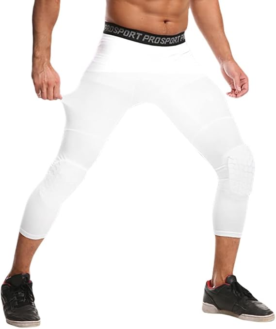 Basketball Pants with Knee Pads for Men, 3/4 Compression Tights Leggings, Football Baseball Soccer Sports Protector Gear
