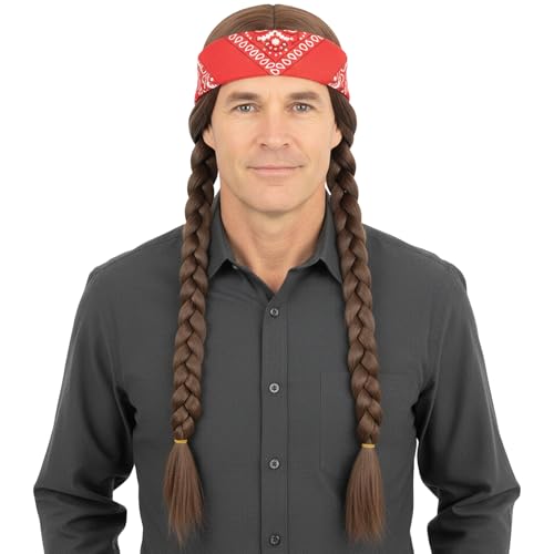 Long Brown Braided Wig with Bandana for Mens 60s Hippie Costume Halloween Party Brown