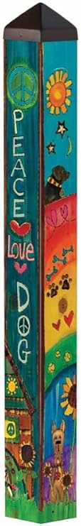 Studio M Art Pole, PVC Weather Resistant Pole with Vinyl Bowl 40 inches Tall Outdoor Decoration for Gardens, Patios, Yards, Landscaping and Birding Accessories, Peace Love Dog