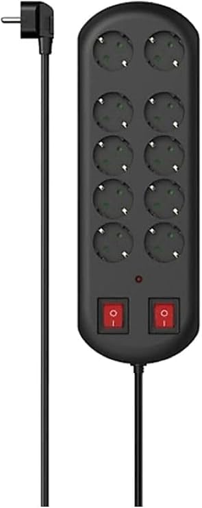 10's Current Protected Socket, 2 Switches, 2m, Black