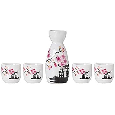 TJ Global 5-Piece Sake Set, Durable Ceramic Japanese Sake Set with 1 CarafeDecanterTokkuri Bottle and 4 Ochoko cups for Hot or Cold Sake at Home or Restaurant - Temple and Flowers