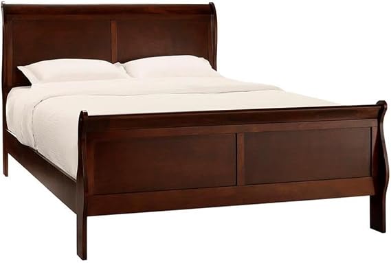 Pemberly Row Queen Sleigh Bed, Engineered Wood and Okume Veneer, Brown Cherry Finish, Includes Headboard Footboard Rails, Traditional Louis Philippe Style Bedroom Furniture, 47.25 x 62.5 x 89.5 Inches