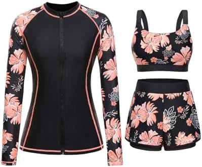 3 Piece Rash Guard for Women - Long Sleeve Swimsuits with Shorts SPF Zip up Swim Shirt with Built in Bra