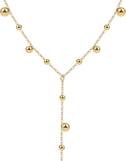 Gold Lariat Necklace for Women Dainty,14k Gold Plated Long Y-Shaped Pendant Necklace Trendy,Gold Layered Pearl Choker Cross Bar CZ Beaded Snake Chain Drop Necklaces Non Tarnish