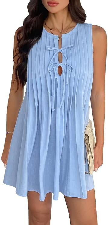 Krumba Women Summer Pleated Dress: Sleeveless Keyhole Tie Front Mini Casual for Ladies 25-35 Vacation Beach Party Wedding